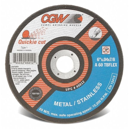 Abrasive Cut-Off Wheel, Type 1, 7 in Dia, 1/16 in Thick, 7/8 in Arbor Hole Size, 60 Grit MPN:45013