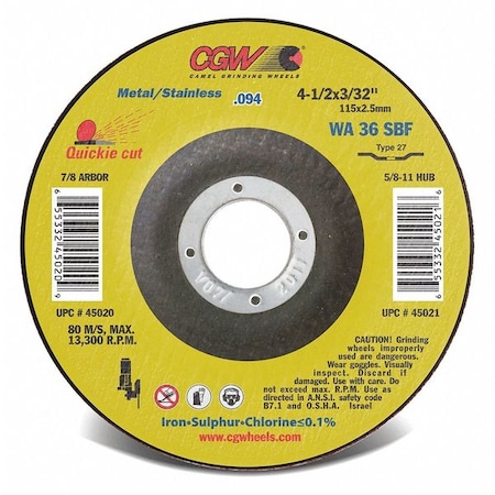 Abrasive Cut-Off Wheel, Type 27, 6 in Dia, 3/32 in Thick, 7/8 in Arbor Hole Size, 36 Grit MPN:45024