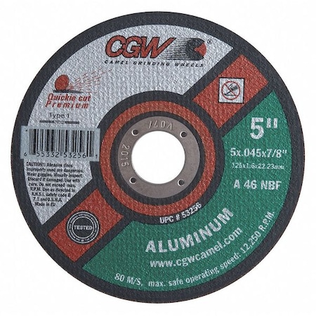 Abrasive Cut-Off Wheel, Type 1, 5 in Dia, 0.045 in Thick, 7/8 in Arbor Hole Size, Aluminum Oxide MPN:53256