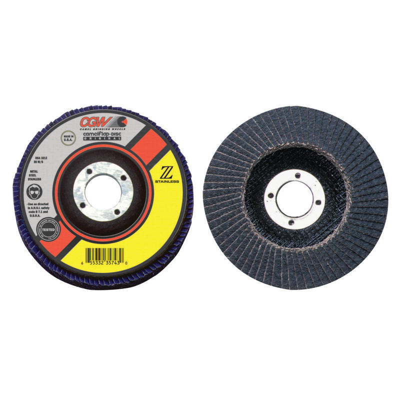 CGW Abrasives Flap Discs, Z-Stainless, Regular, 4 1/2, 60 Grit, 7/8 Arbor, 13, 300 rpm, T27 MPN:31014