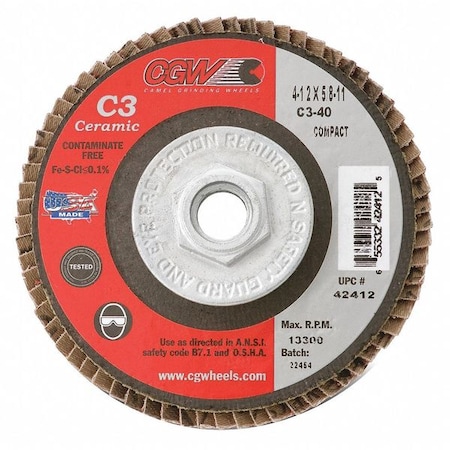 Flap Disc, 4.5x5/8-11, C3 Cmpct Cer Rg, 36G MPN:42411