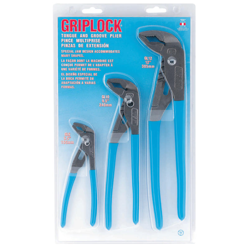 Channellock Griplock Tongue and Groove Plier Set, 6 in, 10 in and 12 in Lengths, Hex Jaw MPN:140-GLS-3