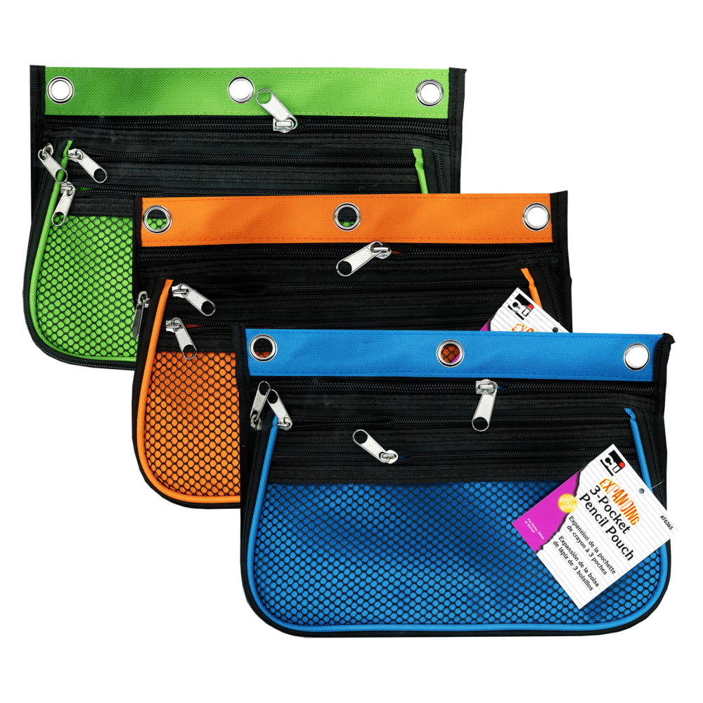 Charles Leonard Expanding Pencil Pouches, 7-1/4inH x 10-1/4inW x 2-1/2inD, Assorted Colors, Pack Of 3 Pouches MPN:CHL763653