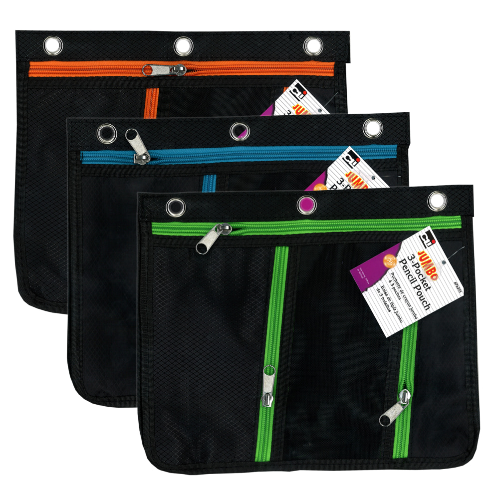 Charles Leonard 3-Pocket Expanding Pencil Pouches, 9-1/2inH x 11inW x 1inD, Assorted Colors, Pack Of 3 Pouches MPN:CHL763953