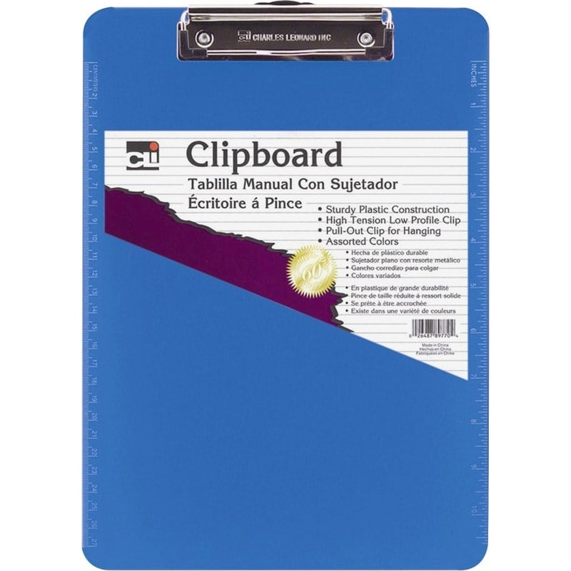 CLI Rubber Grip Plastic Clipboards - 8 1/2in x 11in - Plastic - Neon Blue - 1 Each (Min Order Qty 9) MPN:89715