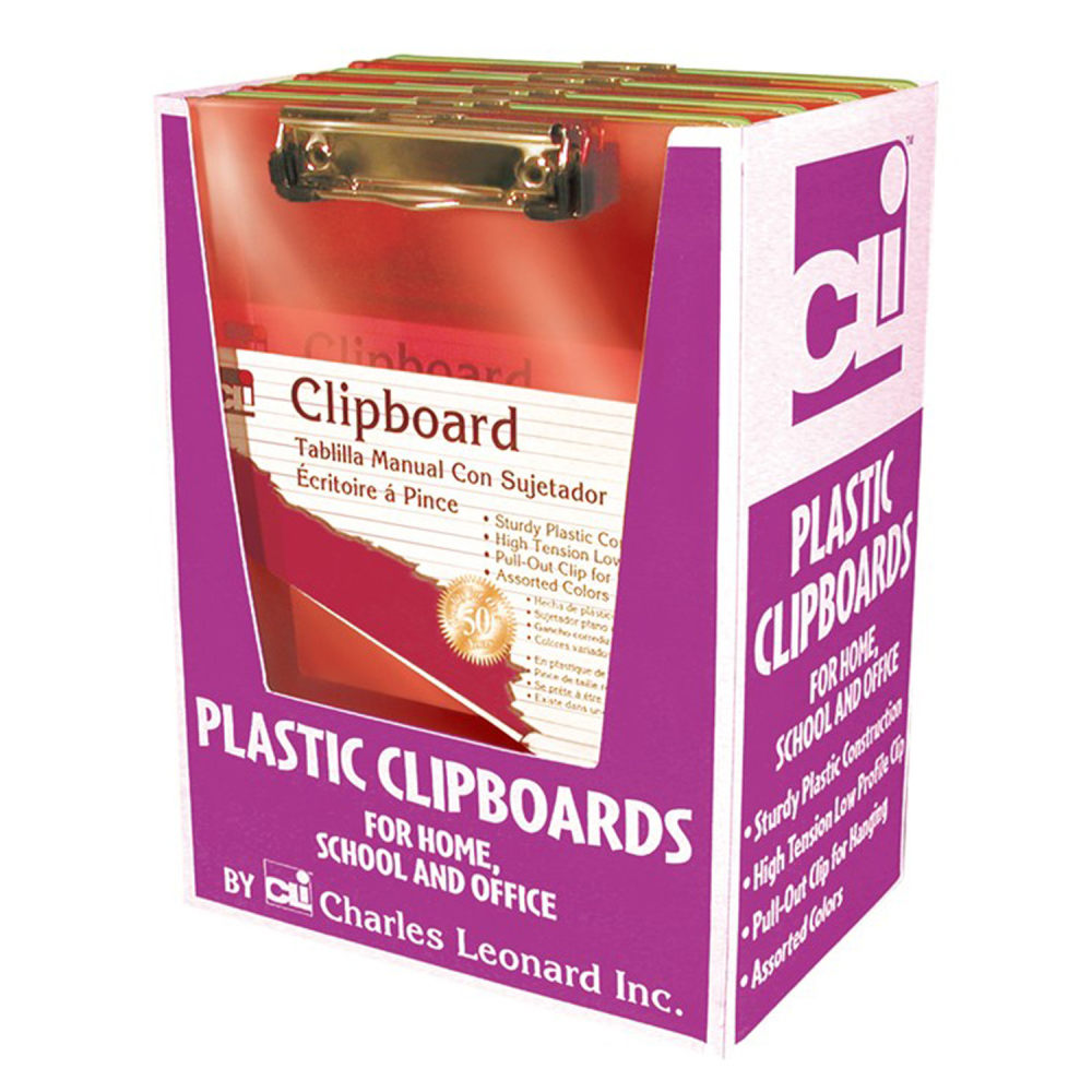 Charles Leonard Transparent Plastic Clipboard With Low Profile Clip and Pull Out Hook, Letter Size, Assorted Neon Colors, Pack Of 12 MPN:CHL89770CD