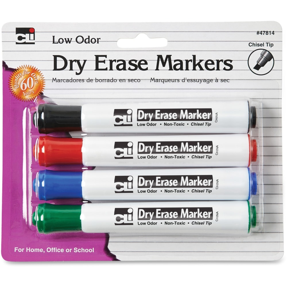 Charles Leonard Chisel Tip Dry Erase Markers - Black, Blue, Red, Green Ink - 4 / Pack MPN:47814