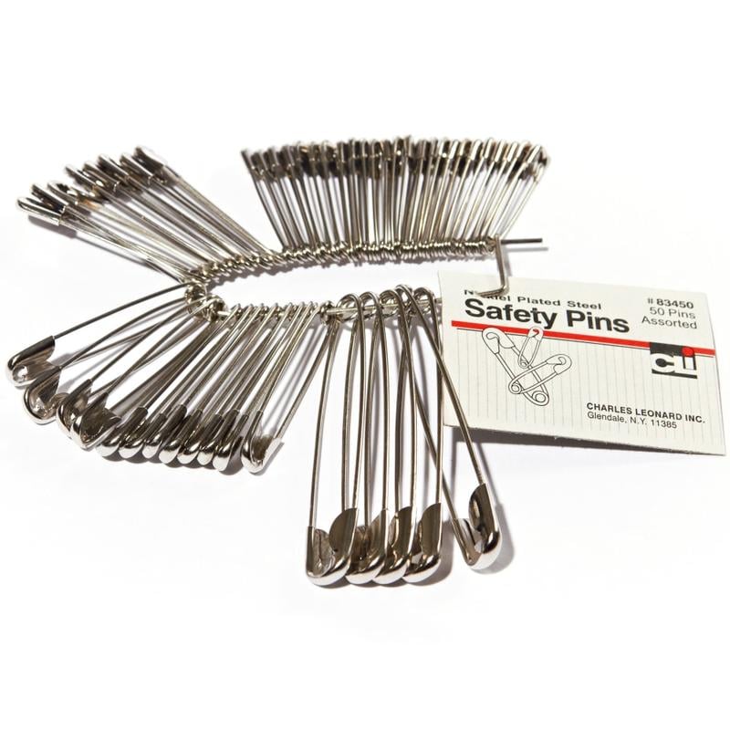 CLI Nickel-Plated Steel Safety Pins, Assorted Sizes, Silver, Pack Of 50 (Min Order Qty 16) MPN:83450