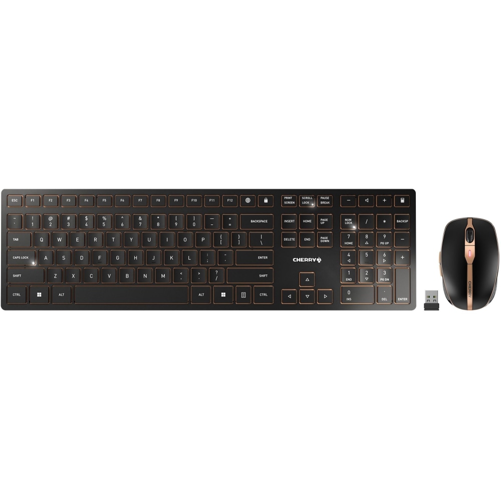 CHERRY DW 9100 SLIM Rechargeable Wireless Combo - Full Size, Black/Bronze, Bluetooth - AES 128 Encryption, 3 Resolution Mouse, Elegant Design MPN:JD-9100US-2