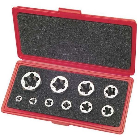 10pc Carbon Steel Hexagon Rethreading Die Set 377 Greenfield Threading, 1/4-20 to 1-8 UNC MPN:403520