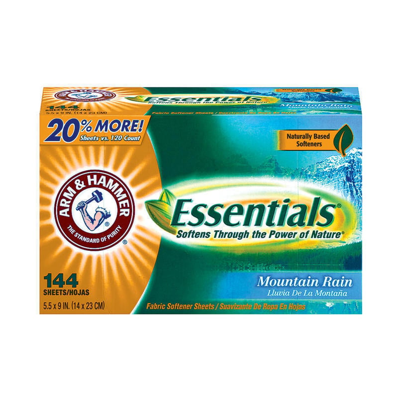 Arm & Hammer Essentials Dryer Sheets, Mountain Rain Scent, 144 Sheets Per Box, Case Of 6 Boxes (Min Order Qty 2) MPN:3320000102