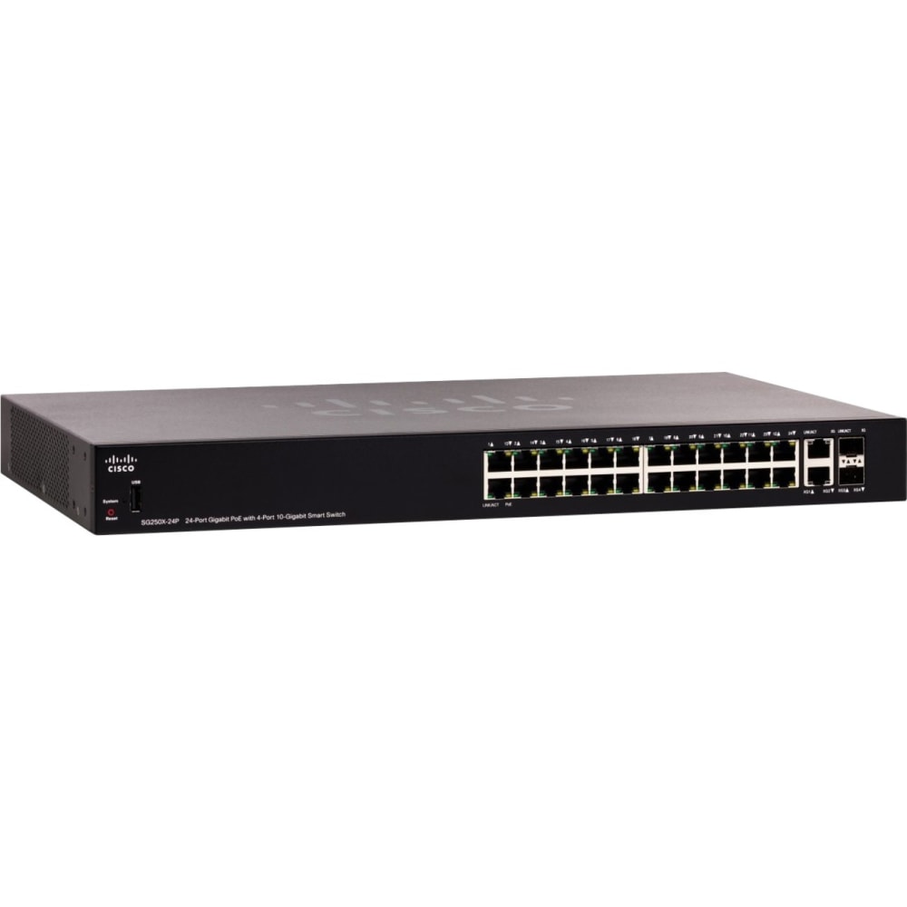 Cisco SG250X-24P Gigabit PoE with 4-Port 10-Gigabit Smart Switch - 24 Ports - Manageable - 10 Gigabit Ethernet - SG250X24PK9NA MPN:SG250X-24P-K9-NA