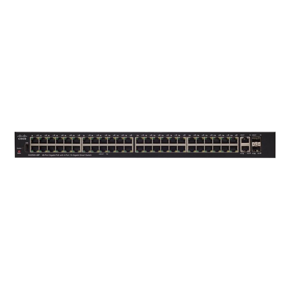 Cisco SG250X-48P Gigabit PoE with 4-Port 10-Gigabit Smart Switch - 48 Ports - Manageable - 10 Gigabit Ethernet - SG250X48PK9NA MPN:SG250X-48P-K9-NA