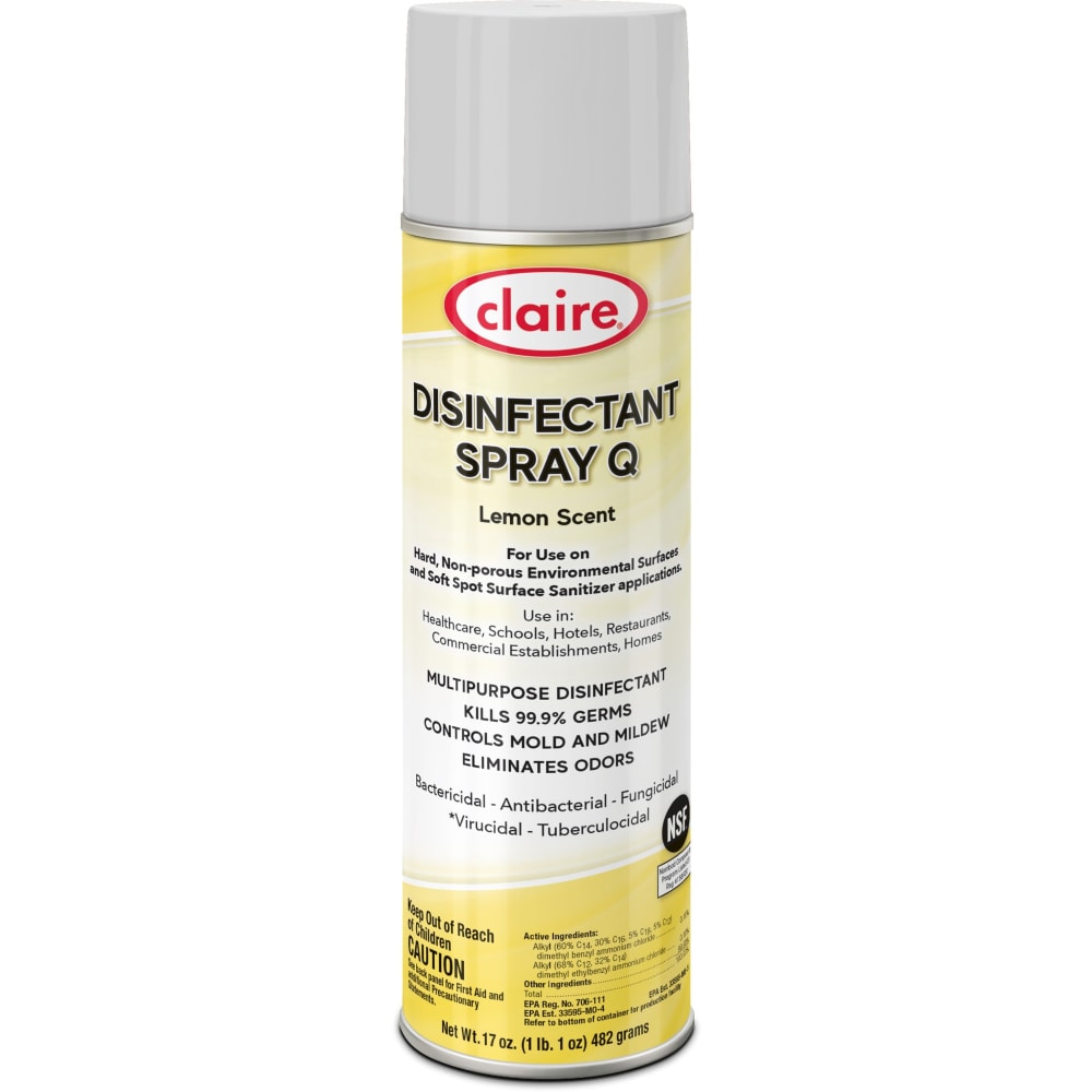 Claire Multipurpose Disinfectant Spray - Ready-To-Use - 17 fl oz (0.5 quart) - Lemon Scent - Antibacterial - Yellow - 12 / Carton MPN:C1002