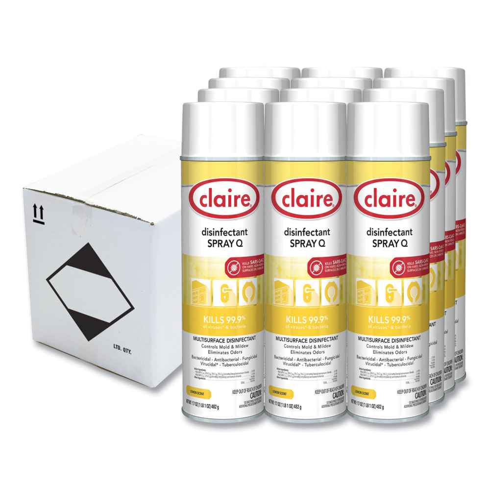 Claire Spray Q Disinfectant, Lemon Scent, 17 oz Aerosol Spray, Dozen MPN:CL1002