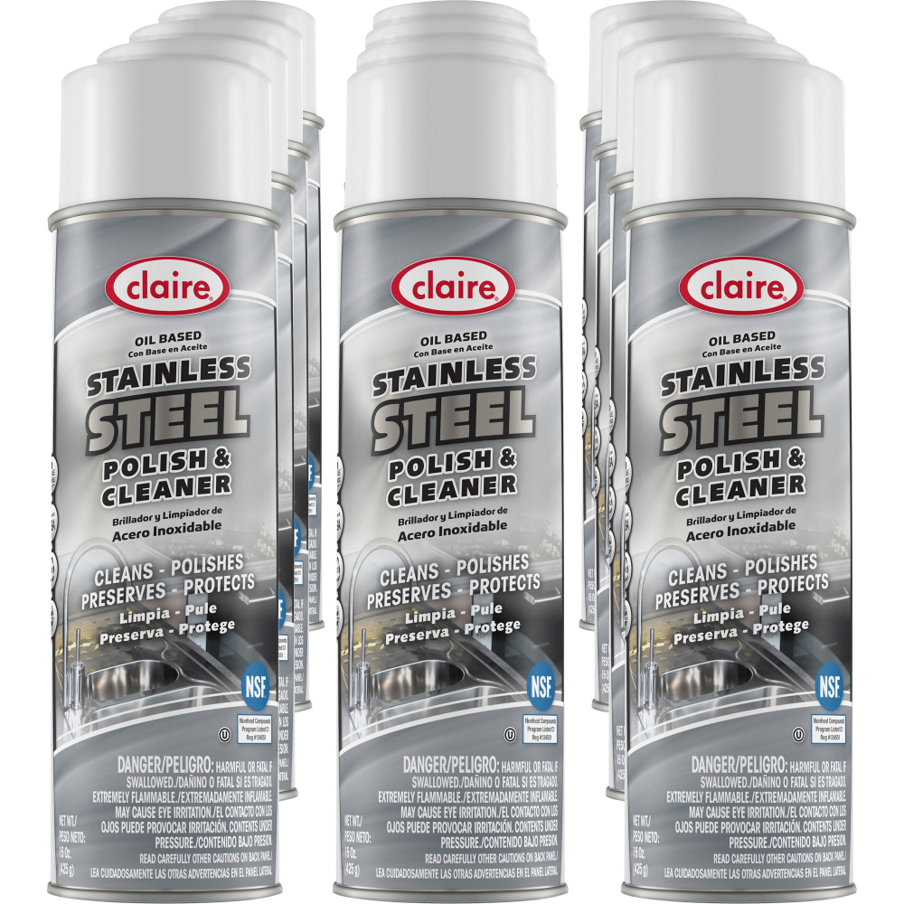 Claire Stainless Steel Polish and Cleaner - 15 fl oz (0.5 quart) - Lemon Scent - Non-abrasive, CFC-free - Clear Can - 12 / Carton MPN:CL841