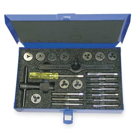 23PC No 4-40 - No 12-28 UNC and UNF HSS Plug Hand Tap and Carbon Round Adjustable Die Set Cle-Line MPN:C00526