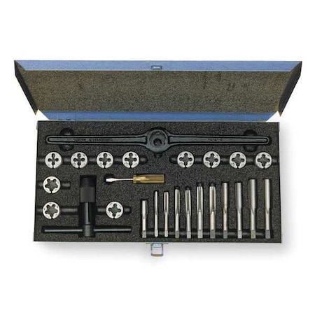 25PC HSSPlugHandTap & CarbonRound Adj Die Set Cle-Line 11 Sizes 1/4-20 To 1/2-20, 1/8-27 UNC, UNF, NPT MPN:C00528