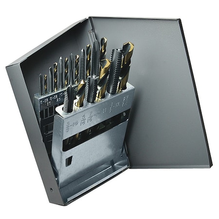 18PC, N36, N29, N25, N21, N7, F, 5/16, U, 27/64 HSS Blk&Gld HD Jobber Dril & Spiral Pnt Tap Set Cle-Line 1878 MPN:C21192