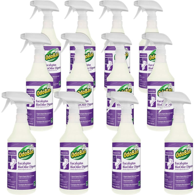 OdoBan Eucalyptus BioOdor Digester Spray - Ready-To-Use - 32 fl oz (1 quart) - Lavender Scent - Antibacterial - Purple - 12 / Carton MPN:927062QC12