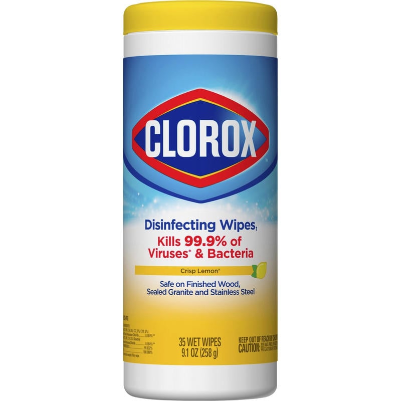 Clorox Disinfecting Cleaning Wipes - Ready-To-Use - Crisp Lemon Scent - Anti-bacterial, Textured, Bleach-free - Yellow - 35/Tub - 35 / Bundle MPN:01594BD