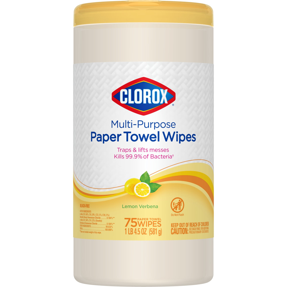 Clorox Paper Towel Wipes, 6-5/8in x 8-1/4in, Lemon Verbena Scent, White, Canister Of 75 Wipes MPN:10044600325788