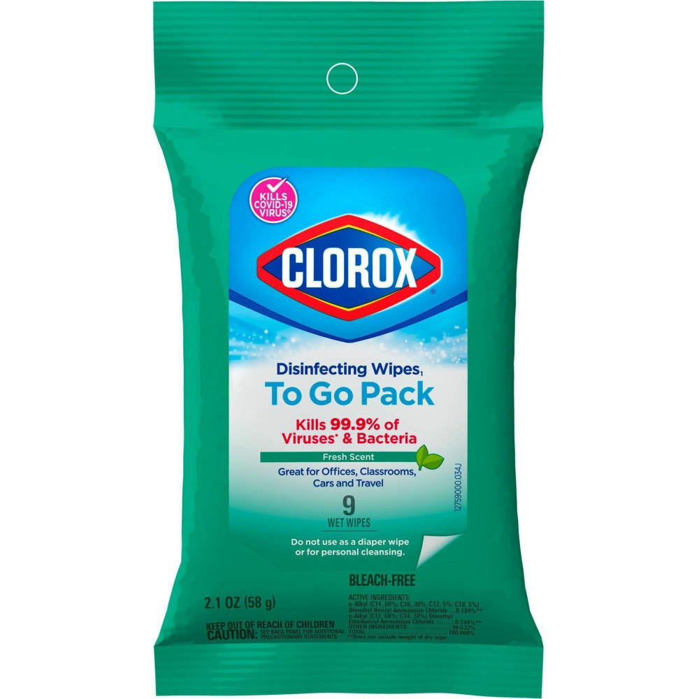 Clorox Bleach-Free Disinfecting Wipes, To-Go Pack, Fresh Scent, 2-13/16in x 6-9/16in, 9 Wipes Per Pack, White, Case Of 24 Packs MPN:1665