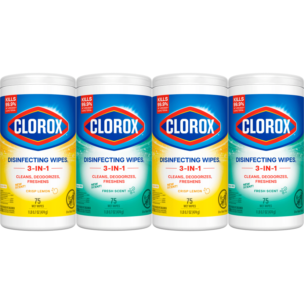 Clorox Disinfecting Cleaning Wipes Variety Pack, Bleach Free, Fresh Scent and Crisp Lemon, 75 Count Each, Pack of 4 MPN:31162