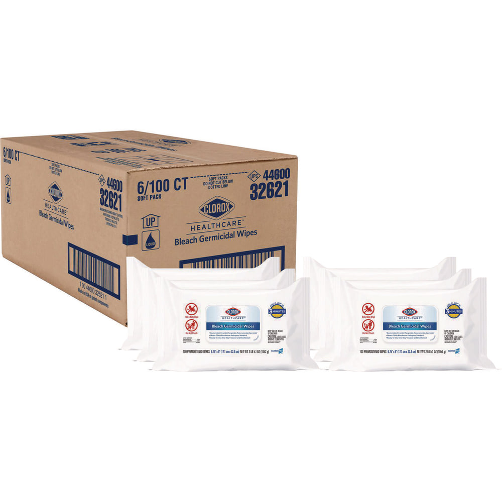 Clorox Healthcare Bleach Germicidal Wipes, 1-Ply, 6.75 x 9, Unscented, White, 100 Wipes/Flat Pack, 6 Packs/Carton MPN:32621