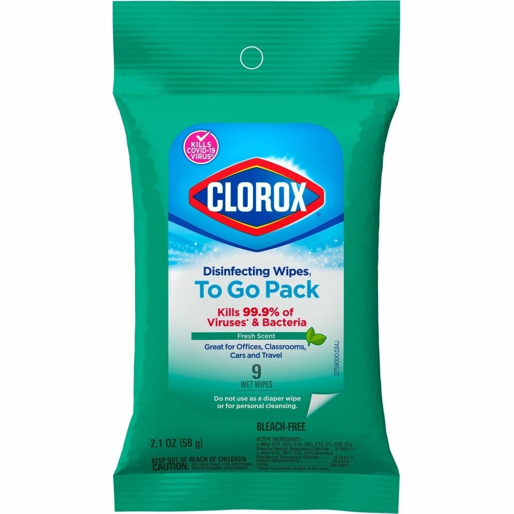 Clorox Bleach-Free Disinfecting Wipes, To-Go Pack, Fresh Scent, 2-13/16in x 6-9/16in, White, Pack Of 9 Wipes MPN:60133