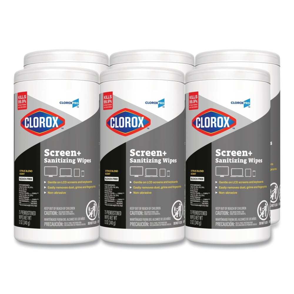 CloroxPro ScreenPlus Screen Sanitizing Wipes, 6x8, Citrus Blend, 75/Canister, 6 Canisters/CT MPN:60724