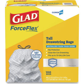Glad® CloroxPro ForceFlex Tall Kitchen Drawstring Trash Bags 13 gal 23.75x24.88 Gray 100/BX 70427