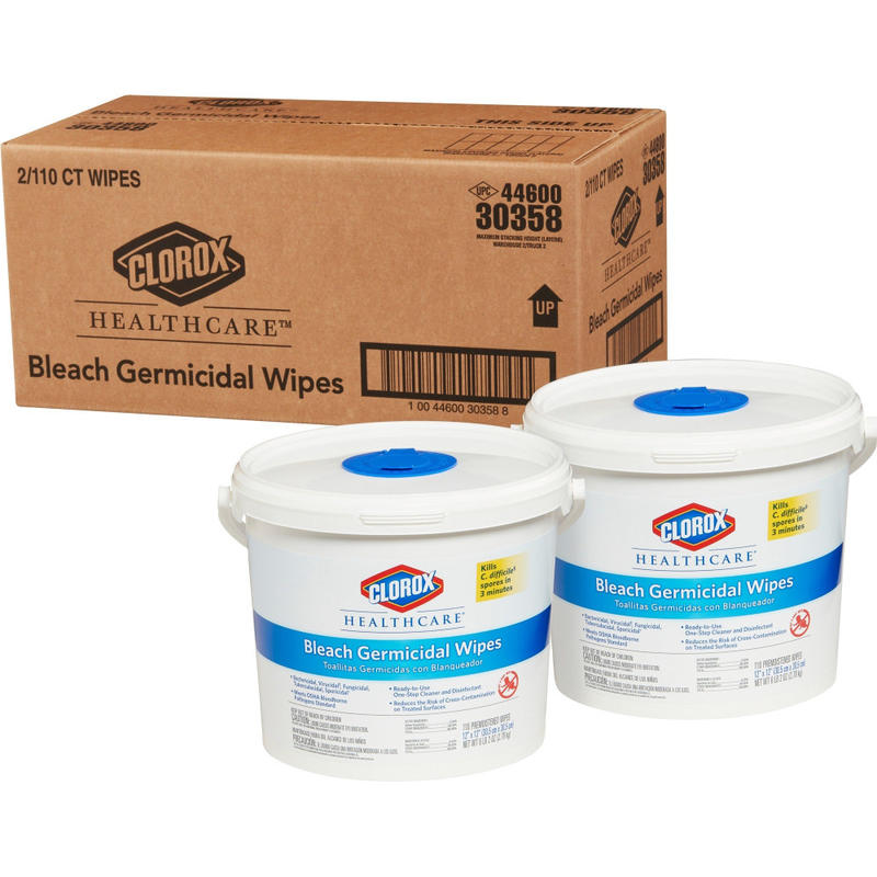 Clorox Healthcare Bleach Germicidal Wipes Bucket - Ready-To-Use - 12in Lx12in W - Anti-corrosive, Antibacterial - White - 110/Tub - 2/Carton - 30358CT MPN:30358CT