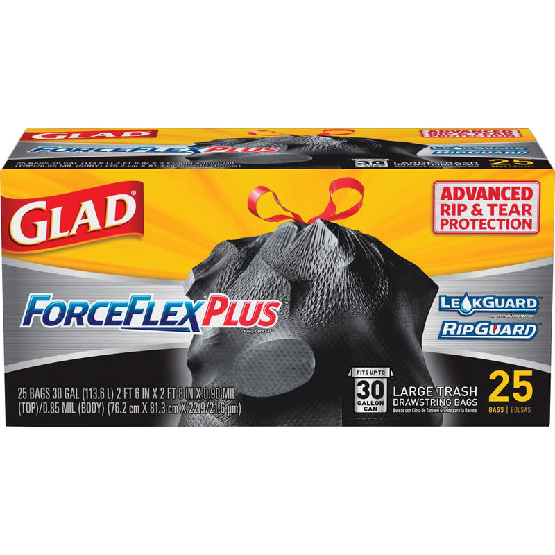 Glad ForceFlexPlus Large Drawstring Trash Bags, Large Size, 30 gal Capacity, 24inx 25.13in, Drawstring Closure, 7800 Count - 70359PL MPN:70359PL