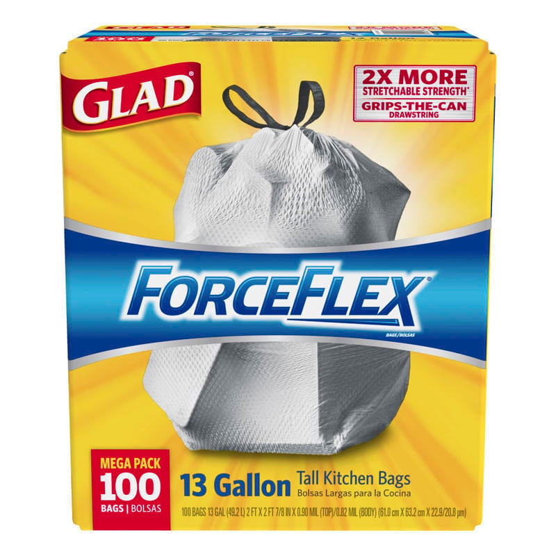 CloroxPro Glad ForceFlex Tall Kitchen Drawstring Trash Bags, 0.9 mil, 13 Gallon, Grey, Box Of 100 MPN:70427