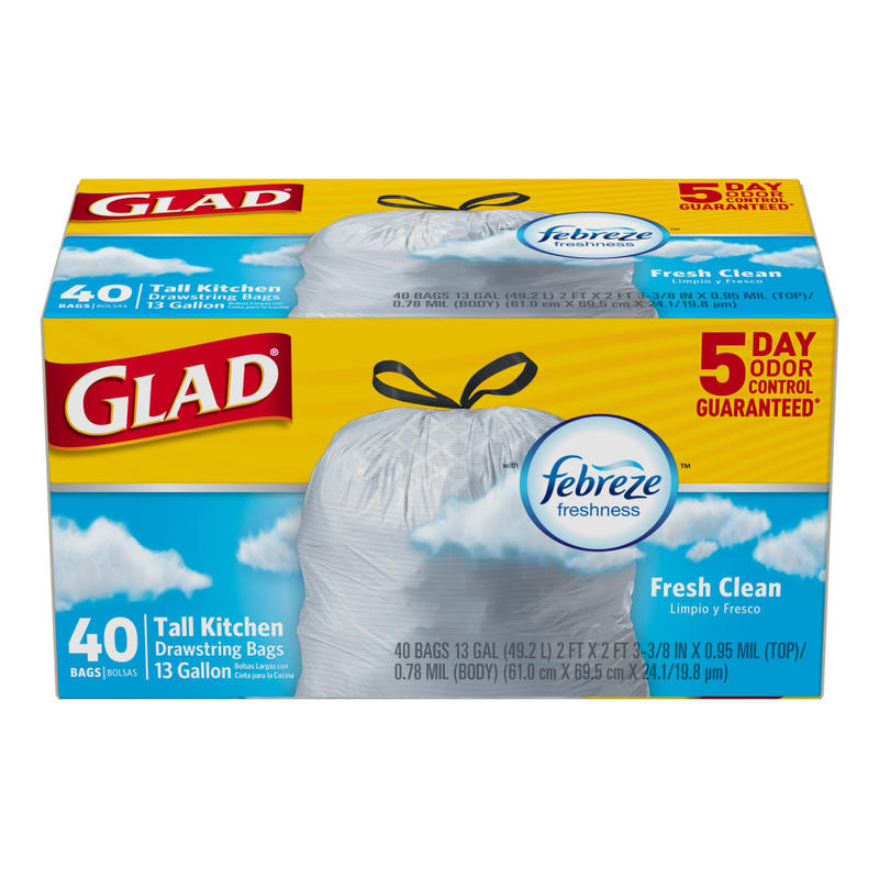 Glad OdorShield Tall Kitchen Trash Bags, 0.9 mil, 13 Gallons, Yellow, Box Of 40 MPN:78361