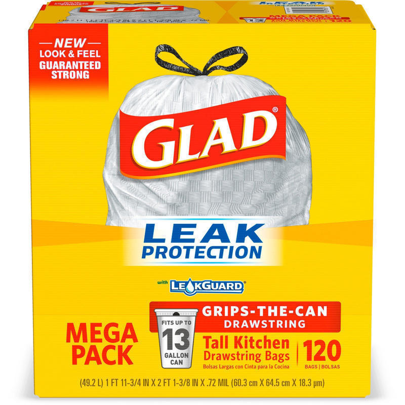Glad ForceFlex Tall Kitchen Drawstring Trash Bags - 13 gal Capacity - 9 mil (229 Micron) Thickness - White - Plastic - 135/Pallet - 120 Per Box - Home, Breakroom, Day Care, Kitchen, Garbage MPN:78564PL