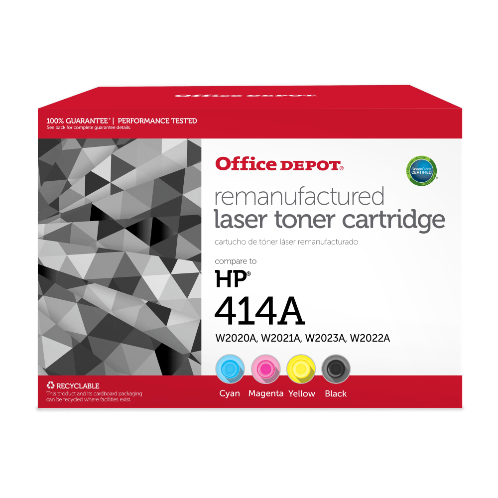 Office Depot Brand Remanufactured Black, Cyan, Magenta, Yellow Toner Cartridge Replacement For HP 414A, W2020A, W2021A, W2023A, W2022A, Pack of 4 MPN:OD414ABCMYR