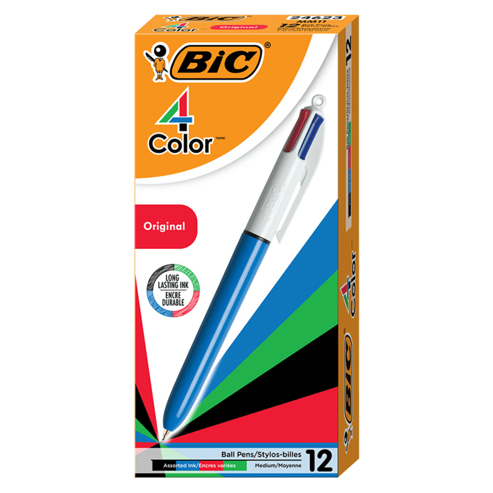 BIC 4-Color Retractable Ballpoint Pens, Medium Point, 1.0 mm, Blue/White Barrel, Assorted Ink Colors, Pack Of 12 Pens MPN:MM11
