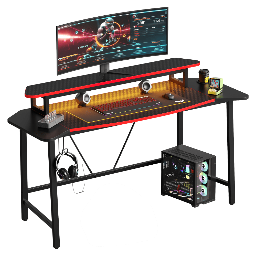 Bestier 63inW Gaming Desk With Aircraft Arc, LED Lights & Monitor Stand, Carbon Fiber Black MPN:H1003160A-BDCF