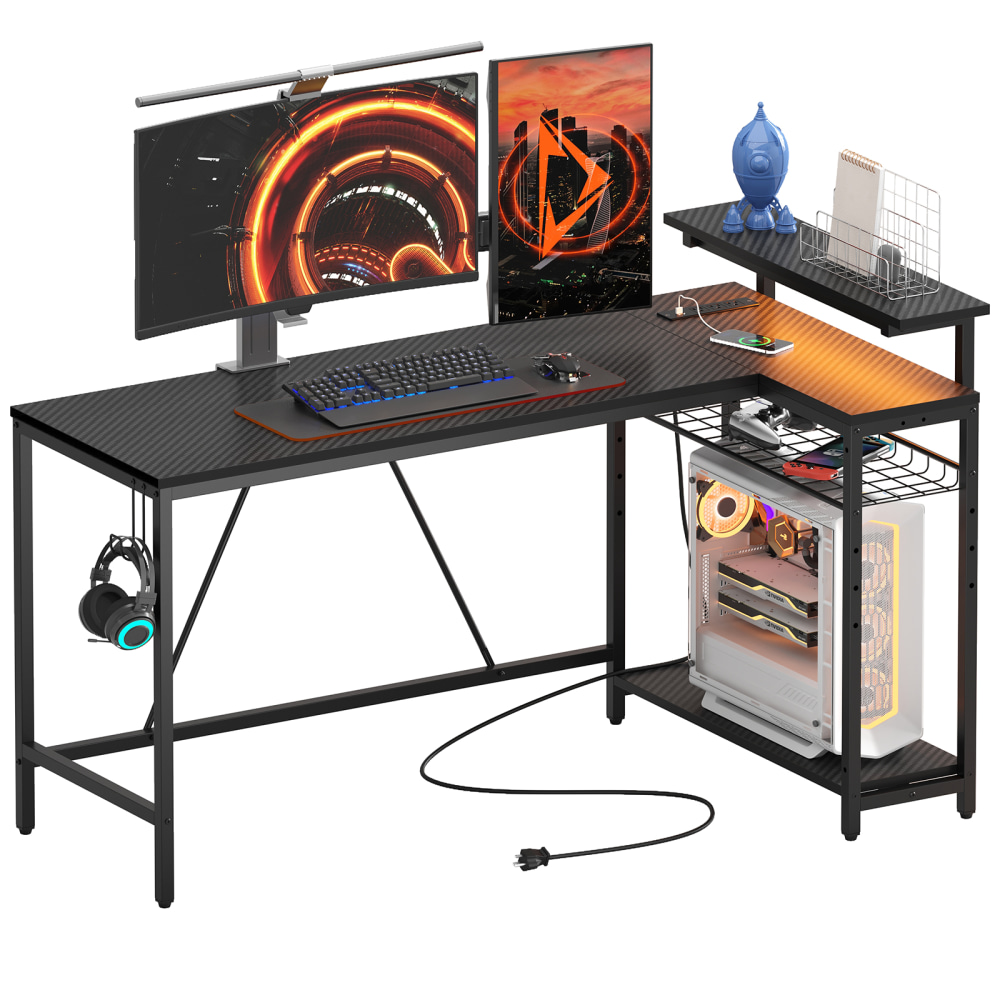Bestier L-Shaped Gaming Computer Desk With Power Outlet, LED Lights & Headset Hooks, 59inW, Carbon Fiber Black MPN:H1006147US-BDCF