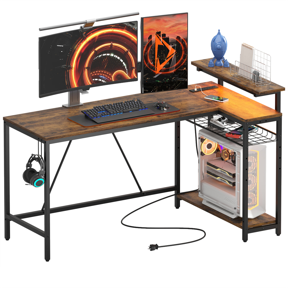 Bestier L-Shaped Gaming Computer Desk With Power Outlet, LED Lights & Headset Hooks, 59inW, Rustic Brown MPN:H1006147US-RST