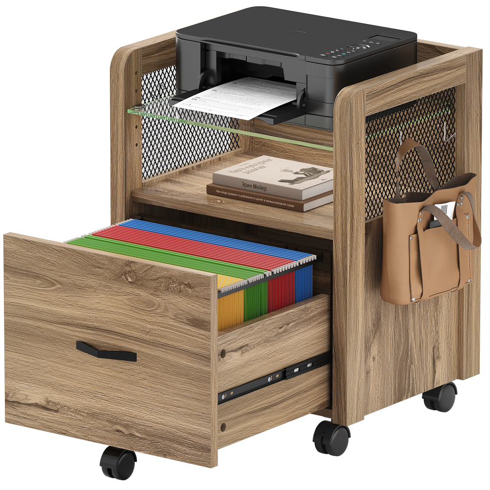 Bestier Rolling 15-3/8inD Vertical 1-Drawer File Cabinet With Glass Storage Shelf And Hooks, 19-1/2inW, Pinewood MPN:H400305B-WPIE