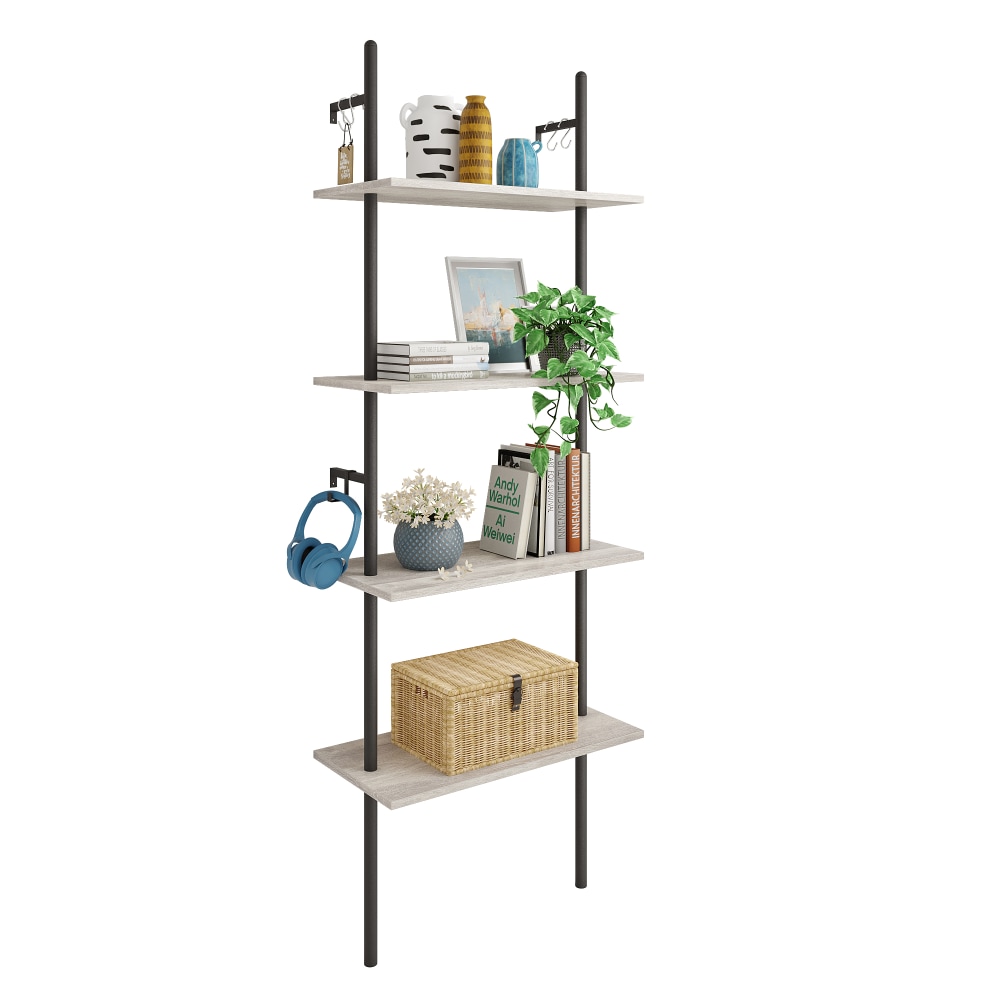 Bestier Industrial 66inH 4-Tier Wall-Mounted Ladder Shelf With 2 Hooks, 24inW, Light Retro Gray Oak MPN:S136M-RGOL