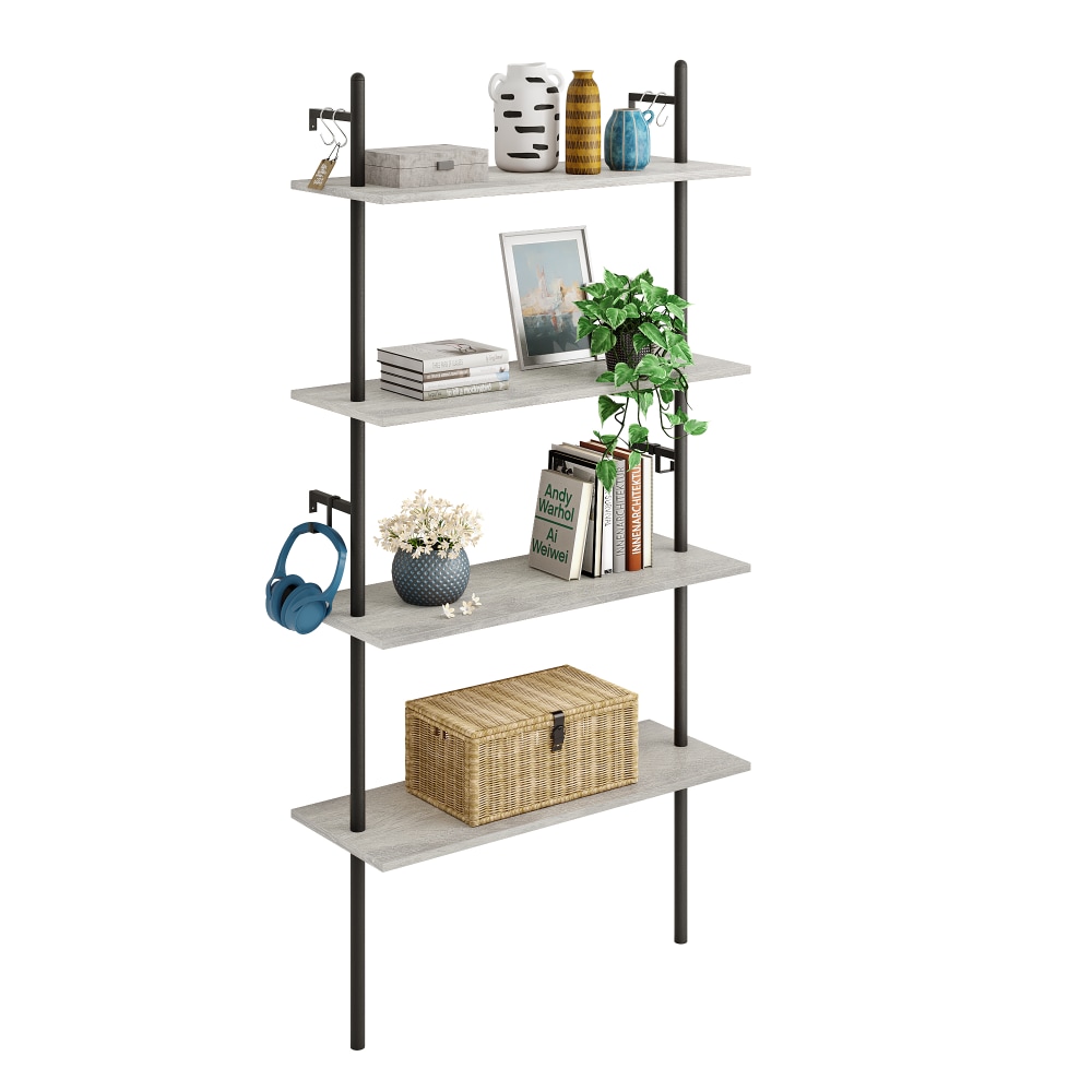 Bestier Industrial 66inH 4-Tier Wall-Mounted Ladder Shelf With 2 Hooks, 32inW, Light Retro Gray Oak MPN:S148N-RGOL