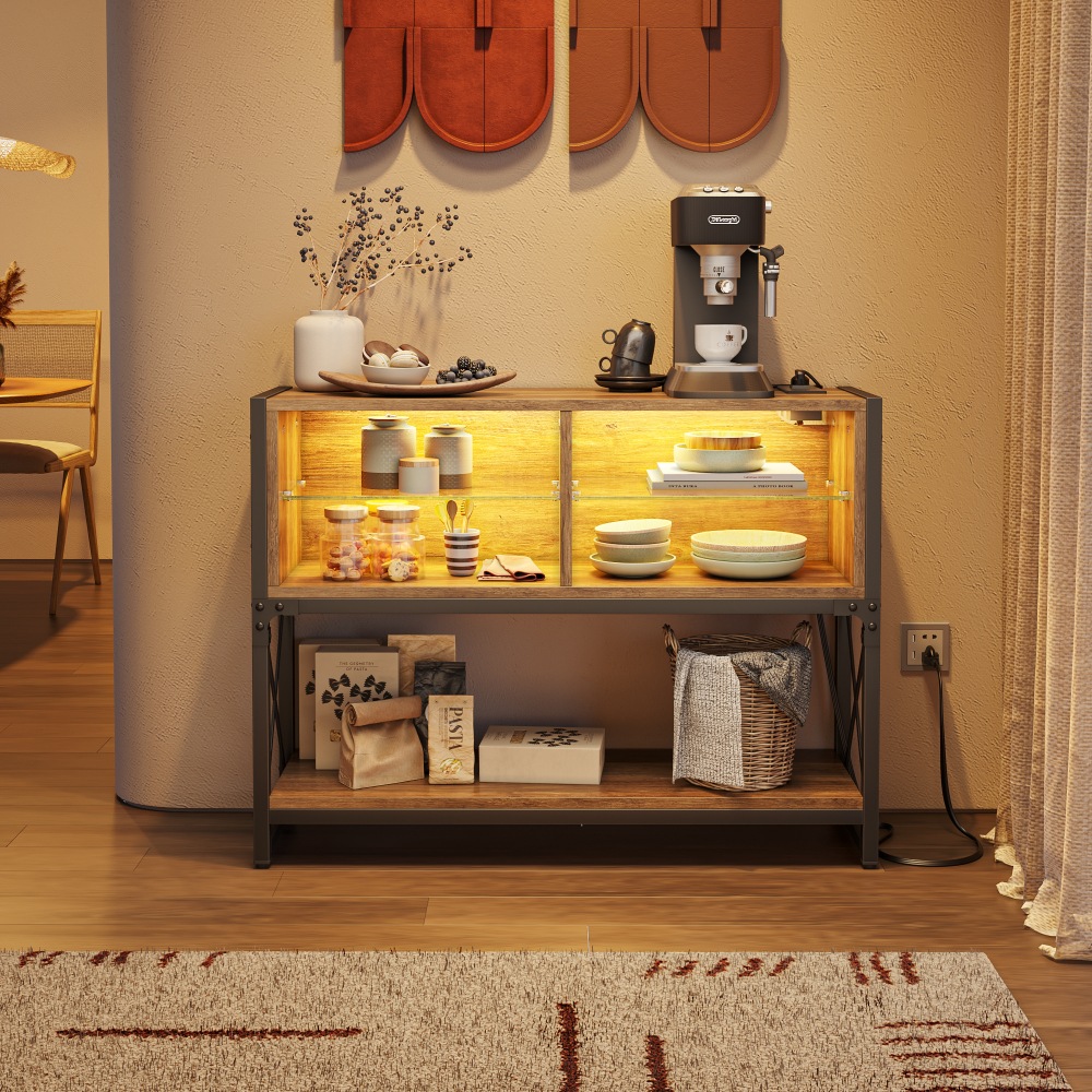 Bestier Industrial Rectangular Console Table With LED Lights, Outlet & Temper Glass Shelf, 29-13/16inH x 39-3/8inW x 11-13/16inD, Rustic Oak MPN:L6003100-WOAKR