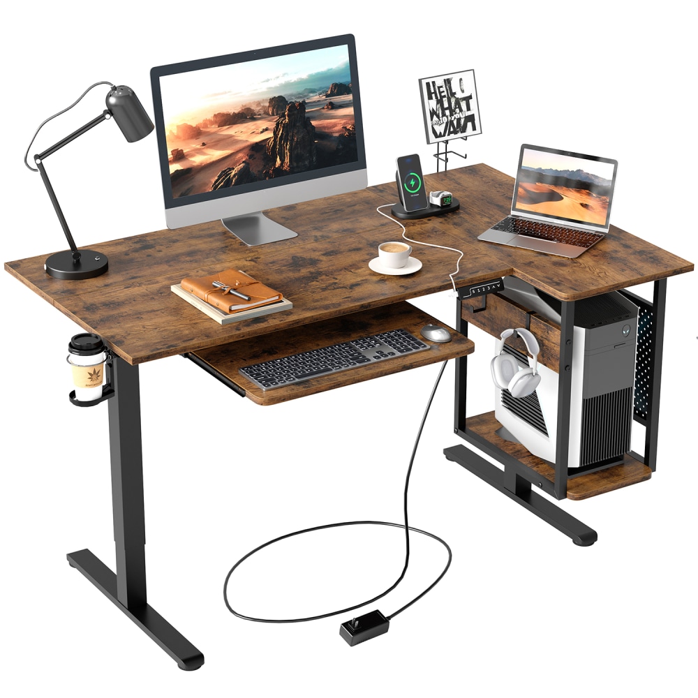 Bestier 58inW Electric Adjustable-Height Standing Desk With Keyboard Tray And CPU Host Shelf, Rustic Brown MPN:H1023145AUS-RST