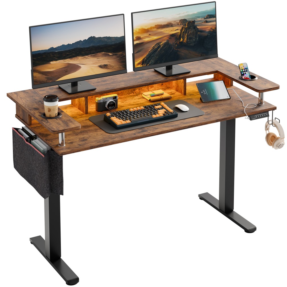 Bestier 59inW Electric Adjustable-Height Standing Desk With Monitor Riser, Cup Holder And Hooks, Rustic Brown MPN:H1024147AUS-RST