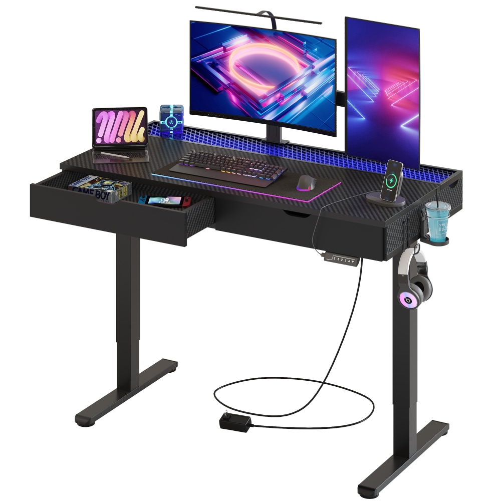 Bestier 48inW Electric Adjustable-Height Standing Desk With Drawers And RGB Lights, Carbon Fiber Black MPN:H1025120AUS-BDCF