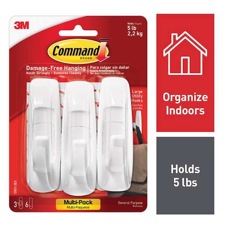 Utility Hook, White, Plastic, 7/8 in D, PK3 MPN:17003-3ES